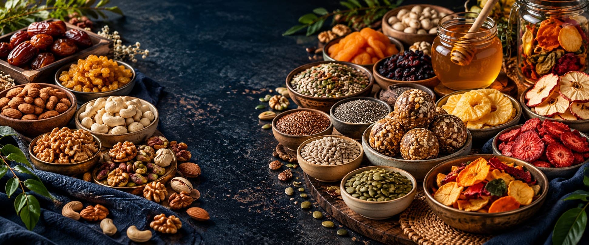 A colourful selection of dry fruits, seeds, snacks and pantry favourites